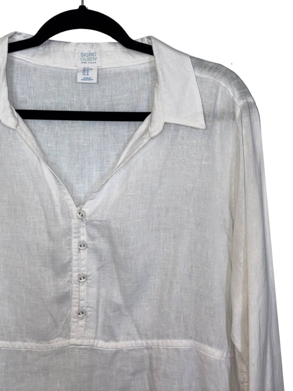 Sigrid Olsen 100% Linen White V-Neck Tunic Blouse - Size XL
